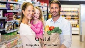  Presentation with grocery bag - Beautiful slide deck featuring hapiness consumer - smiling family with grocery bag backdrop and a coral colored foreground