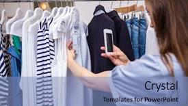  Presentation with boutique - PPT theme featuring hapiness consumer - woman taking a photo background and a  colored foreground