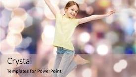  Presentation with activity - PPT theme with happiness activity and child concept - smiling little girl jumping background and a lemonade colored foreground