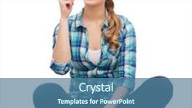  Presentation with advertising - Colorful presentation design enhanced with happiness advertising and people concept - smiling young woman pointing finger up backdrop and a ocean colored foreground