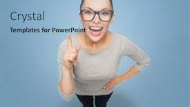  Presentation with happiness - Colorful presentation design enhanced with happiness and gesture concept - smiling asian woman in eyeglasses with finger up backdrop and a light blue colored foreground