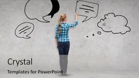  Presentation with happiness - Presentation design enhanced with young woman writing or drawing background and a light gray colored foreground