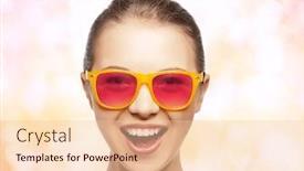  Presentation with teenage girl - Presentation theme enhanced with happiness and people concept - portrait of happy teenage girl in pink sunglasses background and a lemonade colored foreground