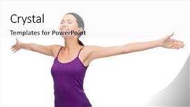  Presentation with tank - Colorful slide deck enhanced with happiness and people concept - smiling girl in blank purple tank top waving hands with closed eyes backdrop and a white colored foreground