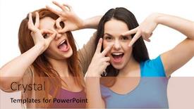  Presentation with faces - Presentation design featuring happiness and people concept - two young teenagers making funny faces background and a red colored foreground