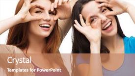  Presentation with faces - Cool new theme with happiness and people concept - two young teenagers making funny faces backdrop and a coral colored foreground