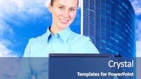  Presentation with blur - Cool new PPT layouts with happiness businesswoman with laptop on blur business architecture background backdrop and a ocean colored foreground