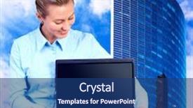  Presentation with blur - Colorful presentation enhanced with happiness businesswoman with laptop on blur business architecture background backdrop and a ocean colored foreground