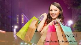  Presentation with consumerism - Audience pleasing PPT theme consisting of happiness consumerism sale and people concept - smiling young woman with shopping bags over night city background backdrop and a coral colored foreground