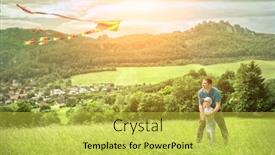  Presentation with launch - Slide deck having happiness father and son launch a kite to blue sky on the field in summer sunny day background and a yellow colored foreground