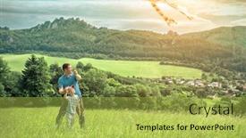  Presentation with launch - Theme enhanced with happiness father and son launch a kite to blue sky on the field in summer sunny day background and a yellow colored foreground