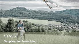  Presentation with launch - Colorful slide set enhanced with happiness father and son launch a kite to blue sky on the field in summer sunny day backdrop and a gray colored foreground