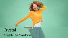  Presentation with freedom - Presentation theme with happiness freedom education and people concept - smiling young woman jumping in air over green board background background and a mint green colored foreground