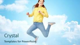  Presentation with freedom - Audience pleasing PPT theme consisting of happiness freedom motion and people concept - smiling young woman jumping in air over blue sky and clouds background backdrop and a sky blue colored foreground