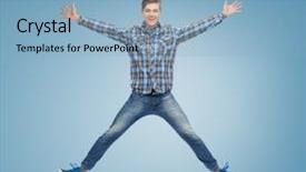  Presentation with movement - PPT layouts consisting of happiness freedom movement and people concept - smiling young man jumping in air over blue background background and a light blue colored foreground