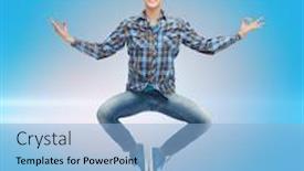  Presentation with blue laser - Theme featuring happiness freedom movement and people concept - smiling young man hanging of flying in air over blue laser background background and a light blue colored foreground