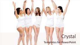  Presentation with women body - Beautiful slide deck featuring happiness friendship beauty body positive and people concept - group of happy different women in white underwear with raised arms celebrating victory backdrop and a lemonade colored foreground
