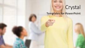  Presentation with happiness - Colorful PPT theme enhanced with happiness gesture and people concept - smiling woman pointing finger at you backdrop and a lemonade colored foreground