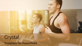  Presentation with treadmill - PPT theme with happiness health - sport fitness lifestyle technology background and a gold colored foreground