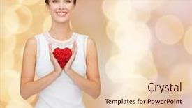  Presentation with golden lights - Beautiful slides featuring happiness health charity and love concept - smiling woman in white dress with red heart over golden lights background backdrop and a lemonade colored foreground