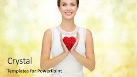  Presentation with golden lights - Theme consisting of happiness health charity and love concept - smiling woman in white dress with red heart over golden lights background background and a blonde colored foreground