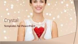  Presentation with heart health - Presentation theme having happiness health charity and love concept - smiling woman in white dress with red heart over beige background over beige background and snow background and a lemonade colored foreground