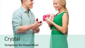  Presentation with happiness - Presentation theme with happiness holidays celebration and couple concept - smiling couple with flower bouquet and ring in a box background and a seafoam green colored foreground