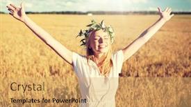  Presentation with cereal - Presentation design enhanced with happiness nature summer holidays vacation and people concept - smiling young woman in wreath of flowers and white dress on cereal field background and a yellow colored foreground