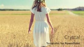  Presentation with cereal - Slide deck with happiness nature summer holidays vacation and people concept - smiling young woman in wreath of flowers and white dress walking along cereal field background and a coral colored foreground