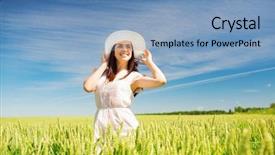  Presentation with cereal - Cool new presentation theme with happiness nature summer vacation and people concept - smiling young woman wearing straw hat on cereal field backdrop and a teal colored foreground