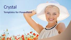  Presentation with poppy - Cool new theme with happiness nature summer vacation and people concept - smiling young woman with closed eyes wearing straw hat on poppy field backdrop and a sky blue colored foreground
