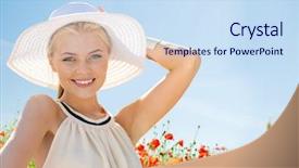  Presentation with poppy - Slide deck with happiness nature summer vacation and people concept - smiling young woman with closed eyes wearing straw hat on poppy field background and a sky blue colored foreground