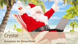  Presentation with santa claus and reindeers - Beautiful PPT theme featuring happiness on a tropical beach backdrop and a  colored foreground