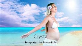  Presentation with happiness - Slide deck with happiness pregnant women in the white on the sunny tropical beach background and a light blue colored foreground