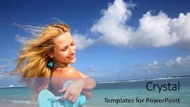 Presentation with beach - Slides enhanced with happiness publicit - beautiful girl suntanning background and a teal colored foreground