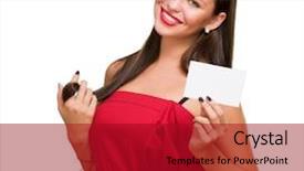  Presentation with happy young student girl holding - Presentation theme enhanced with happiness publicit - happy young woman holding visiting background and a  colored foreground