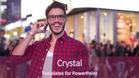  Presentation with times square - Slides with happiness publicit - man making a phone call background and a violet colored foreground