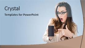  Presentation with smartphone - Colorful presentation design enhanced with happiness publicit - portrait of beautiful young woman backdrop and a light blue colored foreground