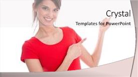  Presentation with finger - Presentation design consisting of happiness publicit - teenager in red shirt pointing background and a light gray colored foreground