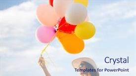  Presentation with balloons blue - Presentation having happiness summer holidays and people concept - smiling young woman wearing sunglasses with balloons over blue sky and grass background background and a sky blue colored foreground