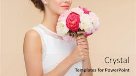  Presentation with white wedding - PPT layouts with happiness wedding holidays and celebration concept - smiling bride or bridesmaid in white dress with bouquet of flowers background and a lemonade colored foreground