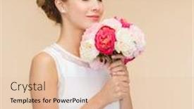  Presentation with white wedding - Presentation theme enhanced with happiness wedding holidays and celebration concept - smiling bride or bridesmaid in white dress with bouquet of flowers background and a lemonade colored foreground