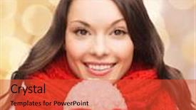  Presentation with christmas holidays - Cool new presentation with happiness winter holidays and people concept - smiling young woman in red scarf and mittens with christmas ball over beige lights background backdrop and a red colored foreground