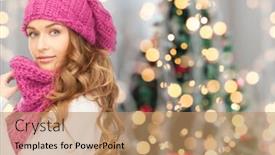  Presentation with christmas holidays - Slide set enhanced with happiness winter holidays and people concept - young woman in pink hat and scarf over christmas tree lights background background and a coral colored foreground