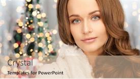  Presentation with christmas holidays - Slides enhanced with happiness winter holidays and people concept - close up of smiling young woman in white warm clothes over christmas tree lights background background and a lemonade colored foreground