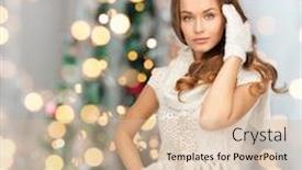  Presentation with christmas holidays - Presentation theme enhanced with happiness winter holidays and people concept - smiling young woman in white warm clothes over christmas tree lights background background and a soft green colored foreground