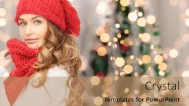  Presentation with christmas holidays - Cool new presentation theme with happiness winter holidays and people concept - young woman in red hat and scarf over christmas tree lights background backdrop and a coral colored foreground
