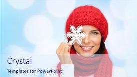  Presentation with blue lights - Slides having happiness winter holidays christmas and people concept - smiling young woman in red hat scarf and mittens holding snowflake over blue lights background background and a sky blue colored foreground
