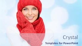  Presentation with blue lights - Presentation theme having happiness winter holidays christmas and people concept - smiling young woman in red hat scarf and mittens over blue lights background background and a sky blue colored foreground
