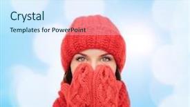  Presentation with blue lights - Colorful theme enhanced with happiness winter holidays christmas and people concept - smiling young woman in red hat scarf and mittens over blue lights background backdrop and a sky blue colored foreground